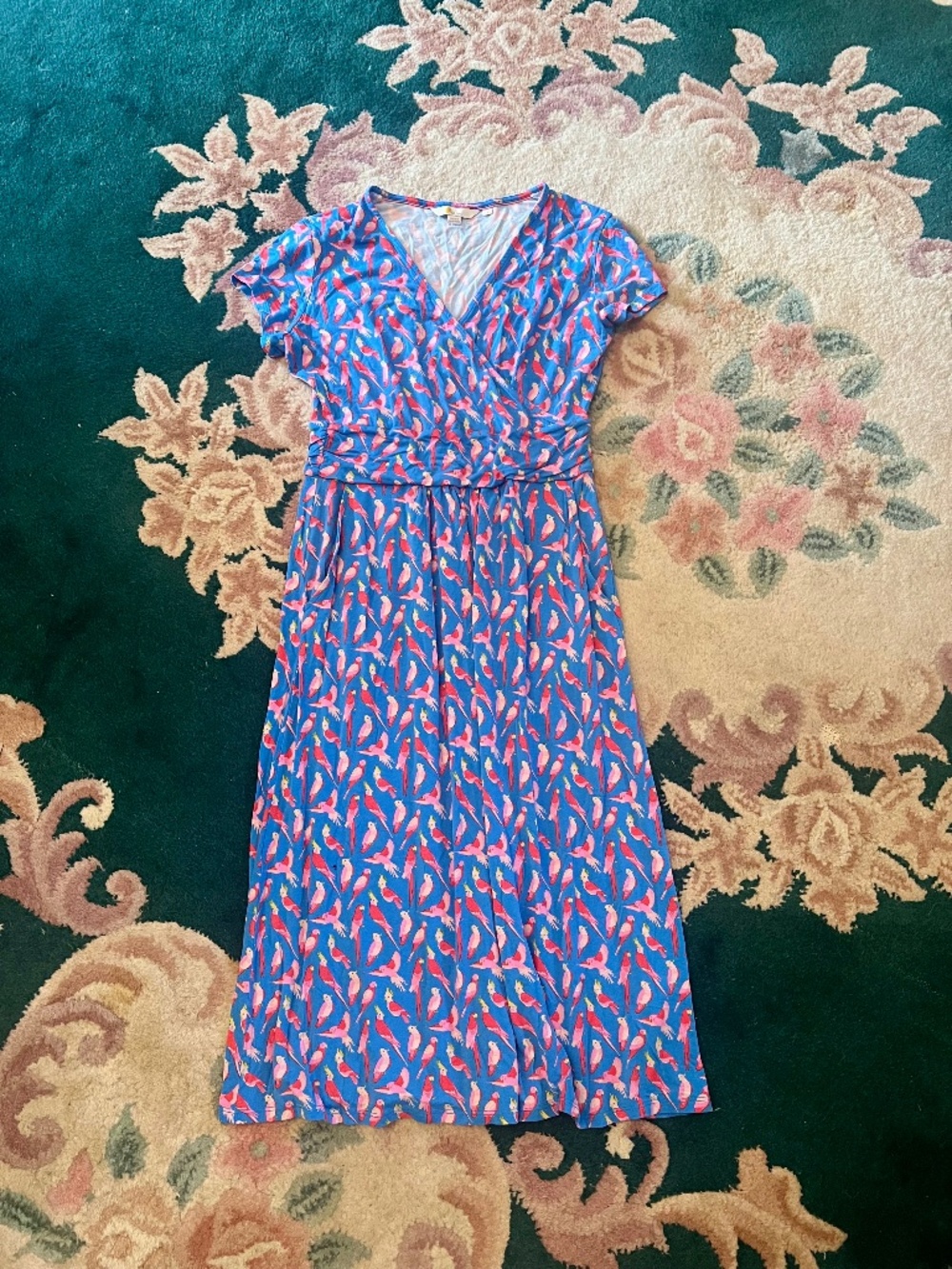 Boden Midi Lola Jersey Blue w red and pink bird pattern faux wrap dress (6L)
